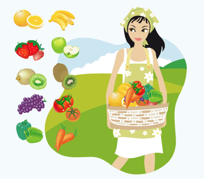 野菜・果物が入ったカゴを抱える女性 ベクターイラスト素材