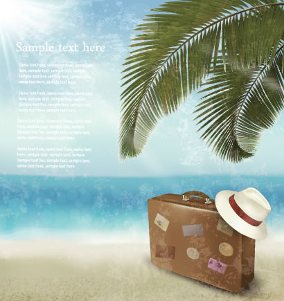 夏のイメージ,海,青空,ビーチ,椰子の木,トランク,帽子 ベクターイラスト素材