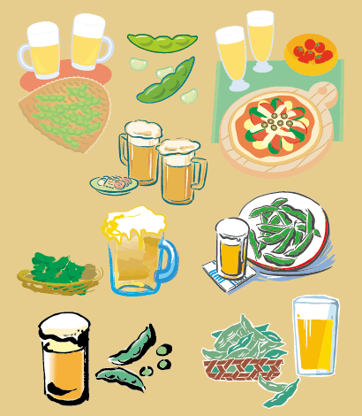 ビール,ビールジョッキ,枝豆,ピザ,プチトマト ベクターイラスト素材