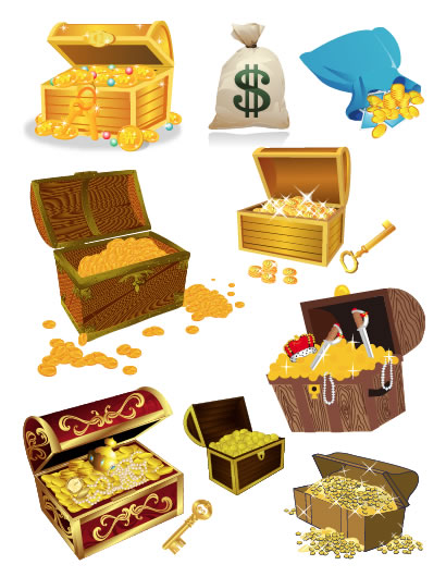 宝箱,金貨,財宝,ドル袋 ベクターイラスト素材