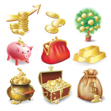 宝箱,金貨,豚の貯金箱,ドル袋,金塊,がま口財布 ベクターイラスト素材