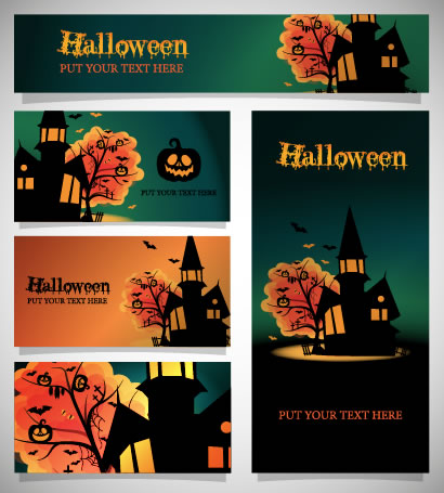 ハロウィン背景カード,館,かぼちゃランタン ベクターイラスト素材
