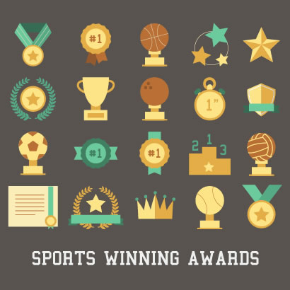 スポーツアイコン,金メダル,トロフィー,優勝カップ,王冠,バスケットボール,サッカーボール,バレーボール,野球ボール,表彰台 ベクターイラスト素材