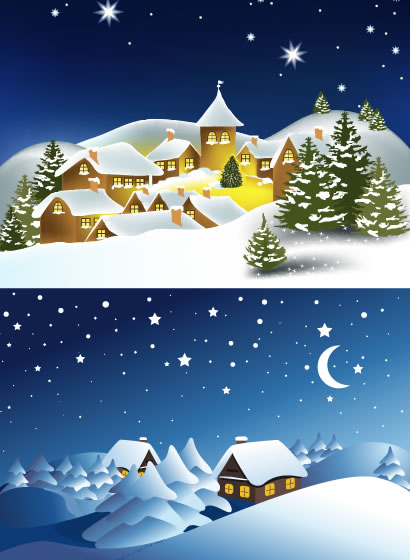 冬の雪景色,家,夜空,クリスマス背景イメージ ベクターイラスト素材