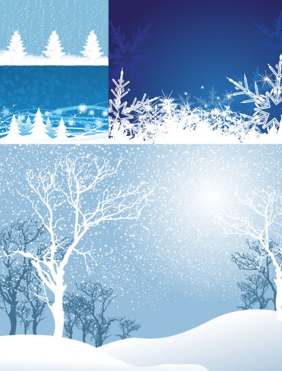 冬の雪景色,枯れ木,もみの木,雪の結晶,背景イメージ ベクターイラスト素材