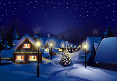 冬の雪景色,町並み,家,夜空,クリスマスツリー,クリスマス背景イメージ ベクターイラスト素材